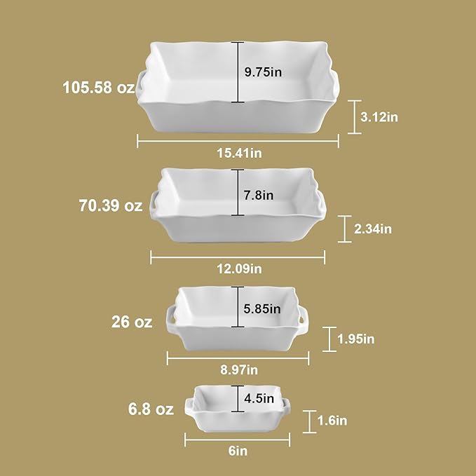 Sweejar Casserole Dishes for Oven, Ceramic Bakeware Set of 4, Rectangular Baking dish with Handles, Wave Edge Lasagna Pan Deep for Cooking, Cake, Dinner, Banquet and Daily Use (White)