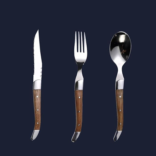 24 Piece Silverware Set, Flatware Set for 8, 1810 Stainless Steel Tableware Cutlery Set With Golden teak wood handle, Utensil Sets for Kitchen,Dishwasher Safe (24pcs)