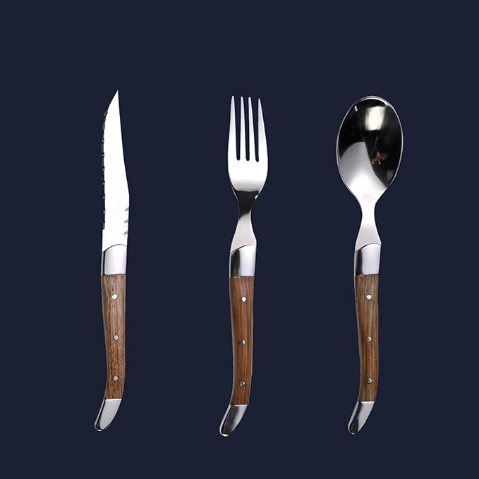 6 Piece Silverware Set, Flatware Set for 2, 1810 Stainless Steel Tableware Cutlery Set With Golden teak wood handle, Utensil Sets for Kitchen,Dishwasher Safe (6pcs)