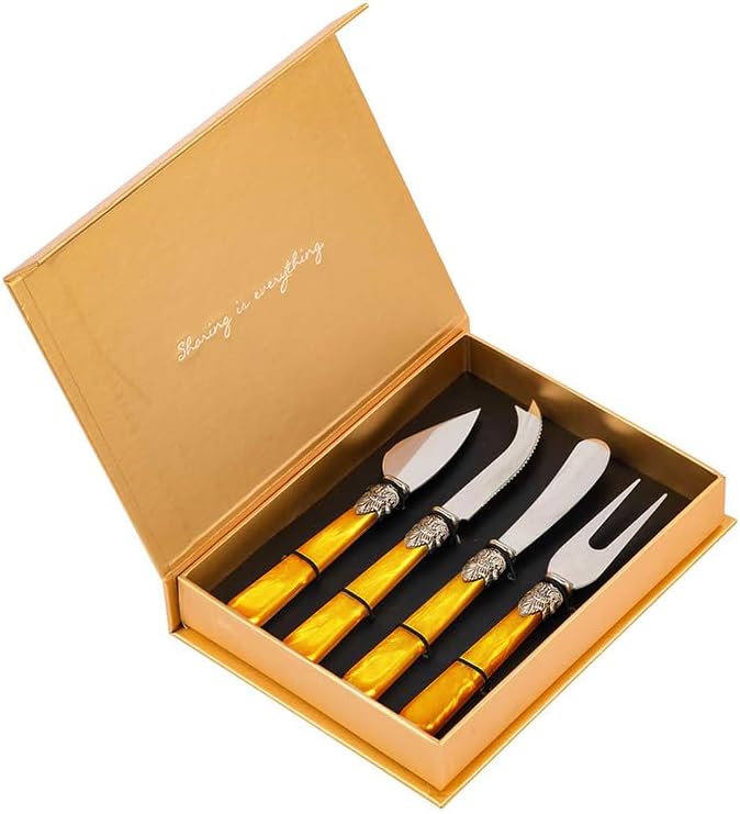 4-Piece Cheese Knive Set With Gift Box Stainless Steel Knife With Pearl Handle,Suitable For Parties And Festivalsfor Charcuterie Boards Accessories (Yellow)