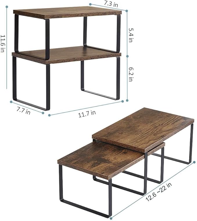 NEX Kitchen Cabinet and Counter Shelf Organizer, Shelf Riser for Pantry Countertop Cupboard Desk Top, Stackable & Expandable, Set of 4, Black and Rustic Brown