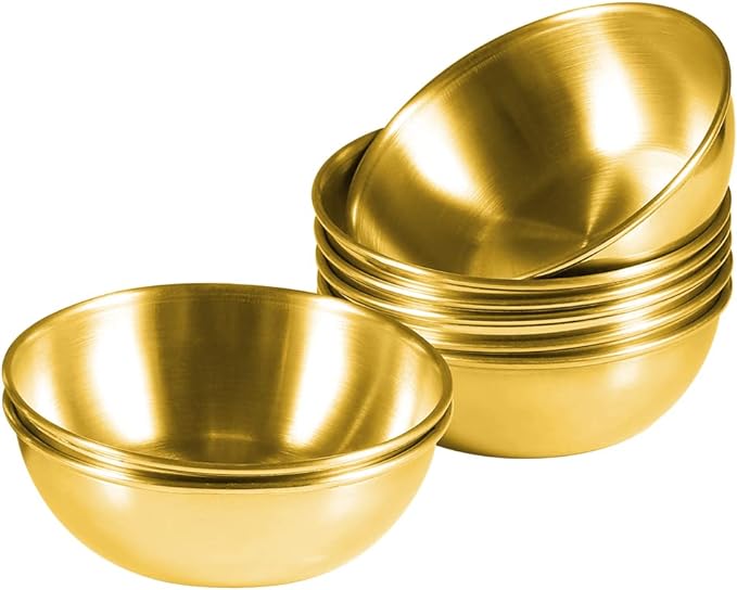 8 Pack 3.5inch Stainless Steel Sauce Dishes Mini Individual Saucers Bowl Round Seasoning Dishes Sushi Dipping Bowl Appetizer Plates, Golden