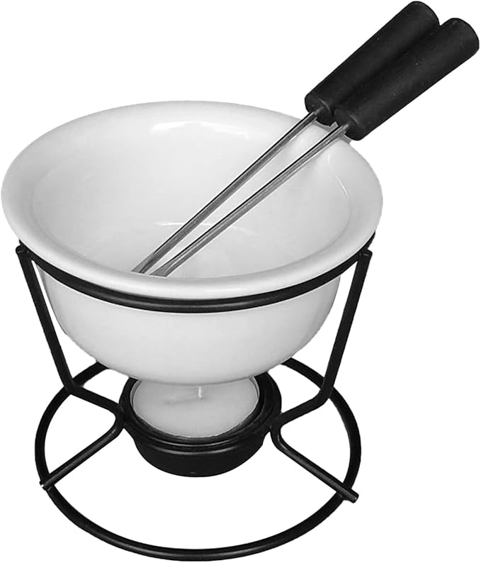 Ceramic Butter Warmers Personal Seafood Fondue Set with Shelf Candle Two Forks, Used for Melted Sauce Keeps Heat, 10 * 9.5cm