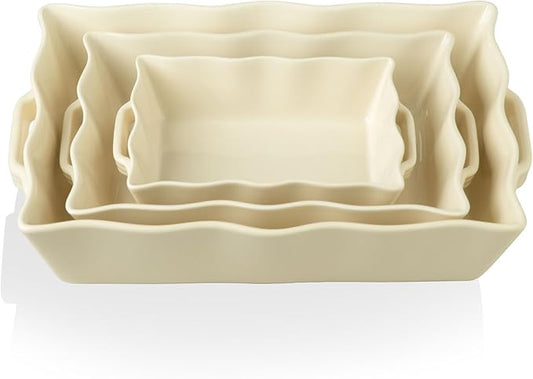 Sweejar Casserole Dishes for Oven, Ceramic Bakeware Set of 3, Rectangular Baking dish with Handles, Wave Edge Lasagna Pan Deep for Cooking, Cake, Dinner, Banquet and Daily Use (Beige)