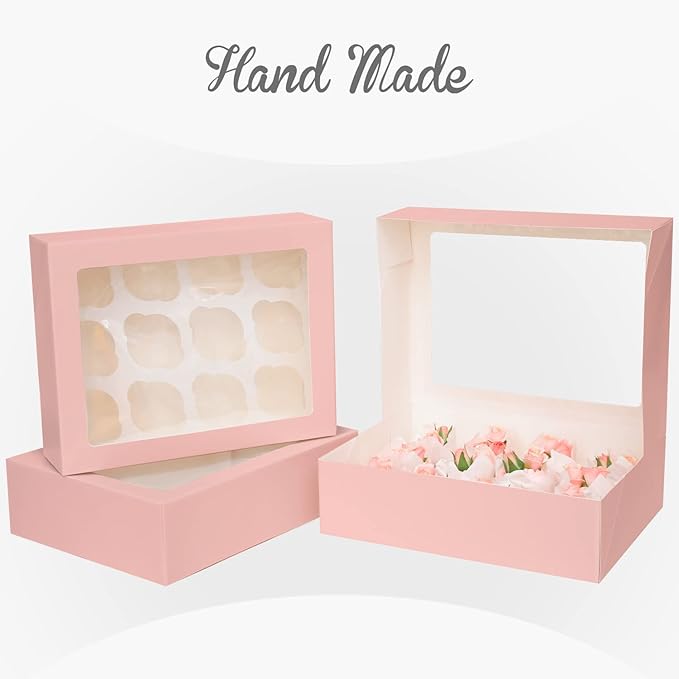 Bakepacker Auto-pop up 12 Cupcake Containers 6-Packs Pink Cupcakes Carrier, 12 Cupcake Boxes with Window 13"x10"x3.5"