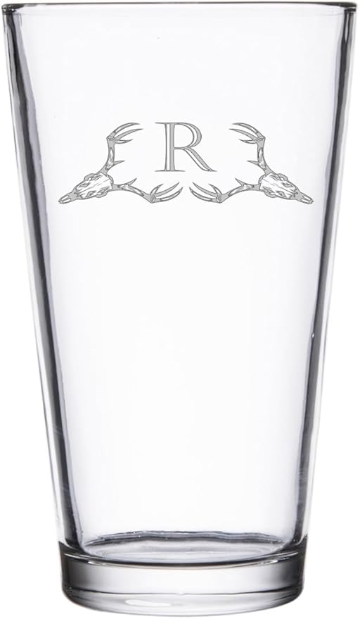 Hat Shark Deer Skull Letter Monogram Pint Beer Glass, 16 oz, Clear, A-Z Initials (1, Letter R)