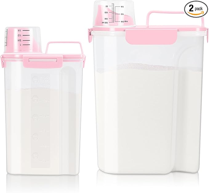 TBMax Rice Container 2 Pack, Airtight Cereal Container Oatmeal Storage with Easy-pouring Spout & Handy Cup for Flour Grain Beans, Pet Dog Cat Bird Food Storage Dispenser-Pink