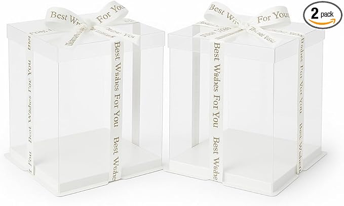 Sweet Degrees Clear Plastic Cake Boxes 13"x13"x14" – 2 Pack | Ribbon Included | Extra-Tall Cake Carriers with Clear Lids | Reusable Storage Containers for Tiered Cakes, Events & Bakery Display