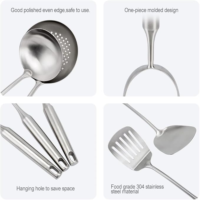 304 Stainless Steel Kitchen Utensils Set, 11PCS Metal Cooking Tools, Masher, Fork, Solid Spoon, Slotted Spoon, Spatula, Whisk, Skimmer, Slotted Spatula Tunner, Soup Ladle, Spaghetti Spoon, Large Ladle