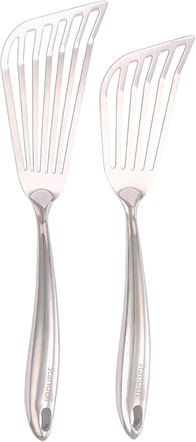 18/10 Stainless Steel Fish Spatula Set – 2 PCS All Metal Fish Spatula Turner, Shining Slotted Spatulas Set for Kitchen Use, Mirror Polished, Heavy-duty, Dishwasher Safe