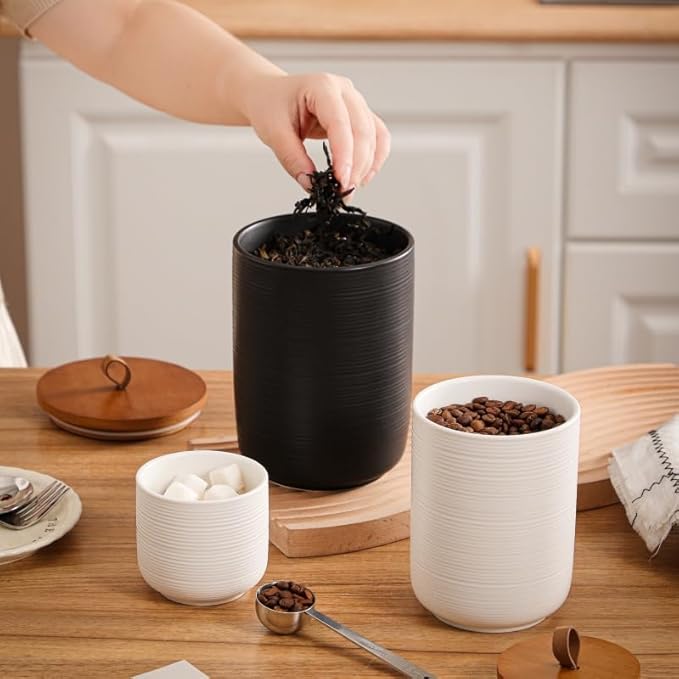 Comeon Ceramics Canister with Lid, Matcha Container Jar for Spice Sugar Tea Bag Coffee Canister Sets for Kitchen Counter with Bamboo Lid (Black three-piece set)