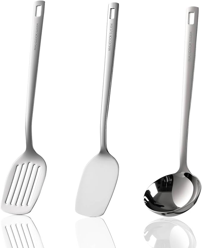 Wok Spatula Set, 18/8 Stainless Steel Kitchen Cooking Utensils Spoon set, 3 Pieces Spatula Set for Kitchen Cooking