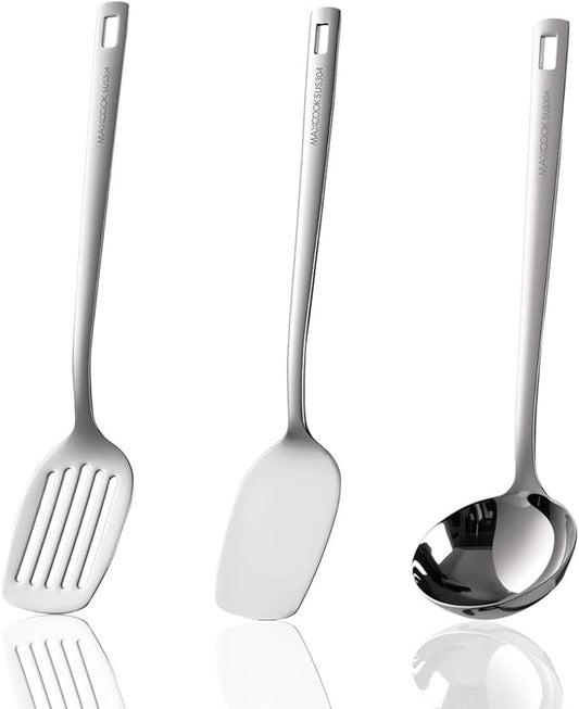 Wok Spatula Set, 18/8 Stainless Steel Kitchen Cooking Utensils Spoon set, 3 Pieces Spatula Set for Kitchen Cooking