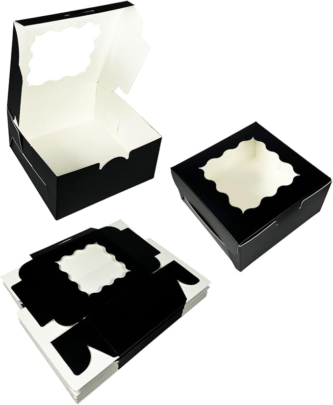 Bakepacker Black 30-Packs Bakery Boxes with Window 6x6x3 inches Thick & Sturdy Macaroon Pastry Boxes Cookie Boxes for Bakerys