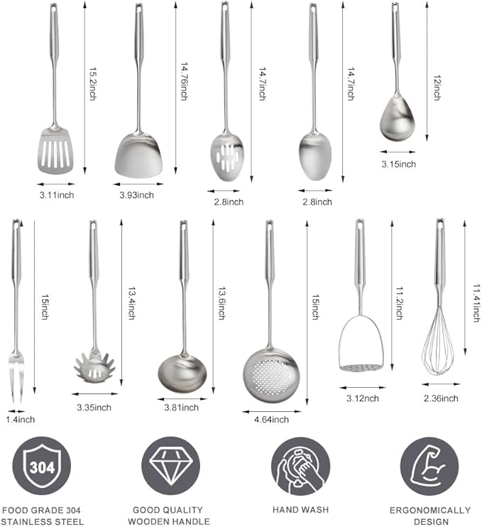 304 Stainless Steel Kitchen Utensils Set, 11PCS Metal Cooking Tools, Masher, Fork, Solid Spoon, Slotted Spoon, Spatula, Whisk, Skimmer, Slotted Spatula Tunner, Soup Ladle, Spaghetti Spoon, Large Ladle