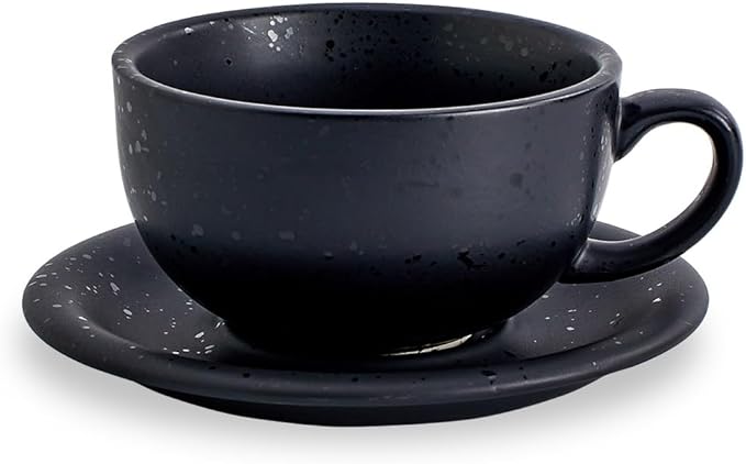 Vintage Design 12 oz Ceramic Latte Art Cappuccino Barista Cup with Saucer (Facular Black)