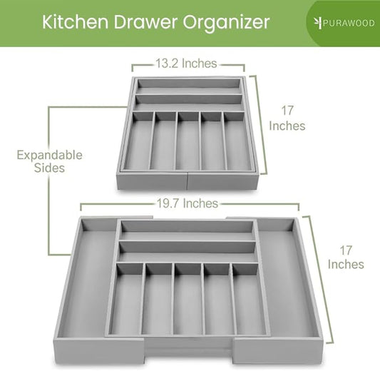 Purawood Bamboo Drawer Organizer - Expandable Silverware Organizer & Utensil Organizer, Cutlery Tray with Dividers, 7-9 Slots - Premium Kitchen Drawer Organizer for Utensils & Flatware (Grey)