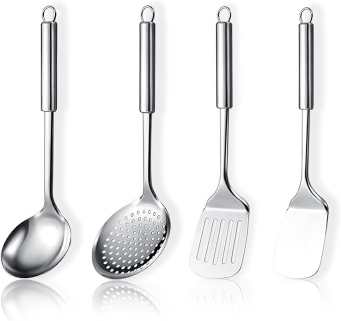 Stainless Steel Cooking Utensils Set 4 Pieces, Kitchen Tools Set Include Metal Spatula Set, Kitchen Skimmer, Soup Ladle, Kitchen Gadgets Essentials New Home Must Have