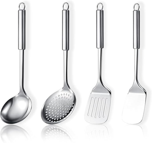 Stainless Steel Cooking Utensils Set 4 Pieces, Kitchen Tools Set Include Metal Spatula Set, Kitchen Skimmer, Soup Ladle, Kitchen Gadgets Essentials New Home Must Have