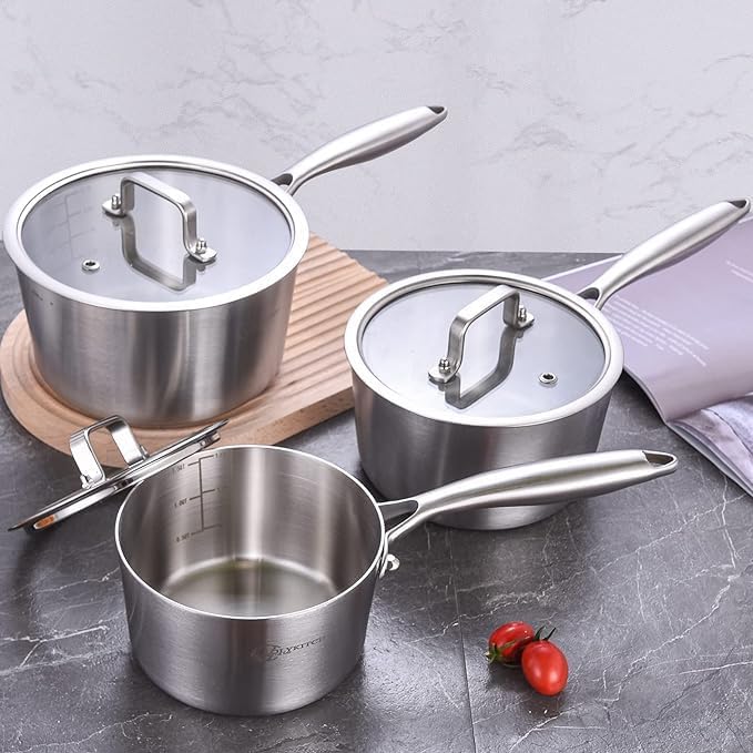 LOLYKITCH Tri-Ply Stainless Steel Saucepan Set-1QT & 2QT with Lids,Induction Sauce Pots,Pots and Pans Set,Oven and Dishwasher Safe.