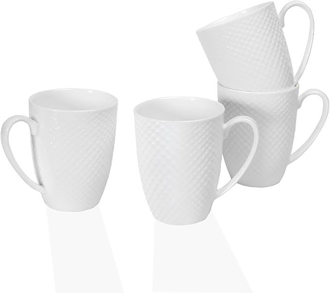 12 Oz White Coffee Mugs Set of 4, Fine Bone China Mugs, White Ceramic Coffee Cups Set, Rhombus Relief Texture, Lightweight Tea Mugs for Latte, Hot Cocoa, Women, Men