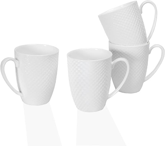 12 Oz White Coffee Mugs Set of 4, Fine Bone China Mugs, White Ceramic Coffee Cups Set, Rhombus Relief Texture, Lightweight Tea Mugs for Latte, Hot Cocoa, Women, Men