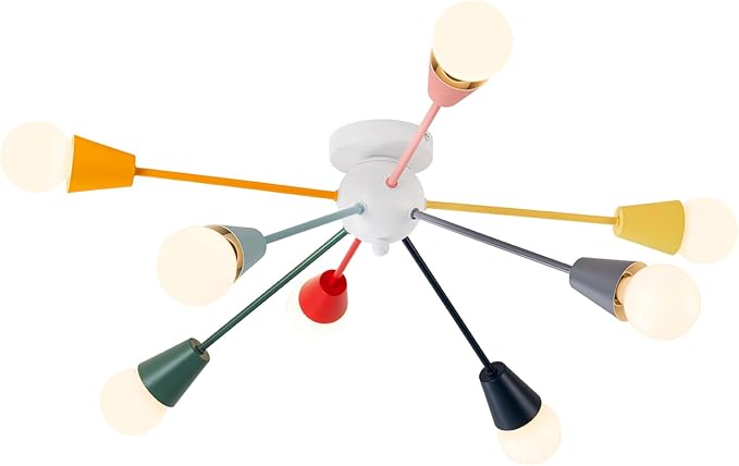 Colorful Chandelier, 8-Light Modern Sputnik Chandelier, Kids Ceiling Light with Multi Color Rainbow Semi Flush Mount Ceiling Lights for Living Room Dining Room Bedroom Playroom E26 Base