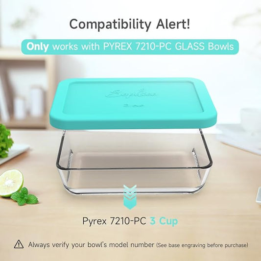 Sophico 3 Cup Rectangle Silicone Storage Cover Lids Replacement for Pyrex 7210-PC Glass Bowls, Container not Included (MINT, 2 Pack)