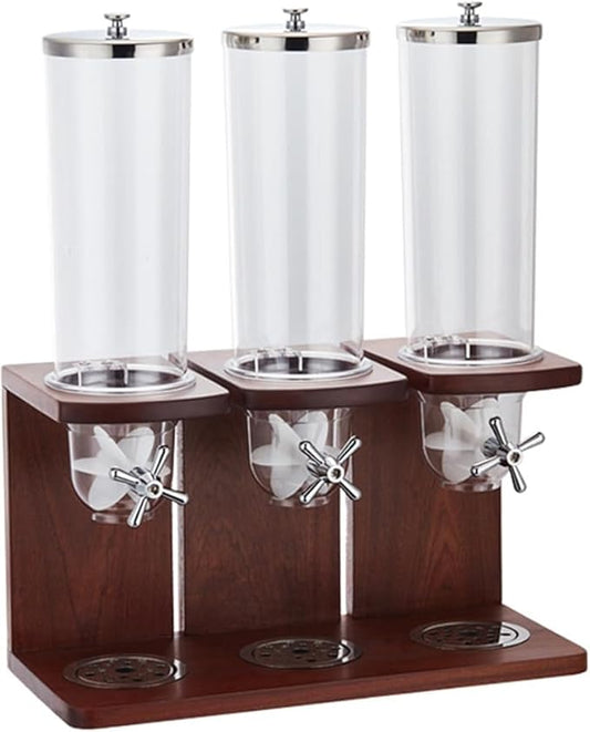 10.5L Triple-Head Dry Food Dispenser- Countertop Cereal Storage with PC Barrel & Wooden Base | Ideal for Rice, Candy, Beans & Nuts