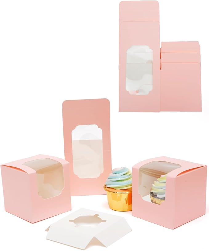 Bakepacker Auto-pop up Cupcake Boxes 30-Packs Individual Cupcake Container Pink 3.5" x 3.5" x 3.5" Single Cupcake Boxes