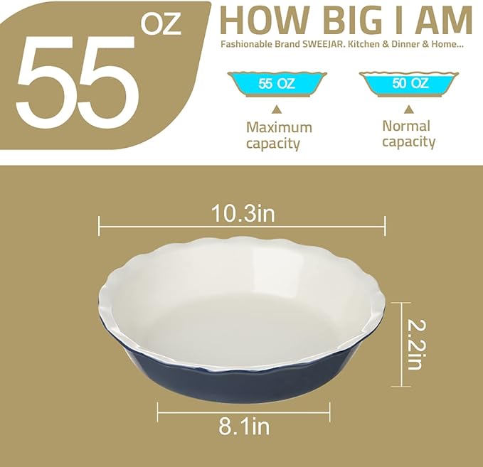 Sweejar Ceramic Pie Pan, 10 Inch Round Baking Dish, Non-Stick with Soft Wave Edge for Apple, Pumpkin, Pot Pies (Blue&Yellow)
