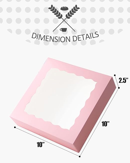 qiqee Auto-pop up Pink Pie Boxes with Window 10x10x2.5 inch 30Packs Cookie Donut Bakery Box