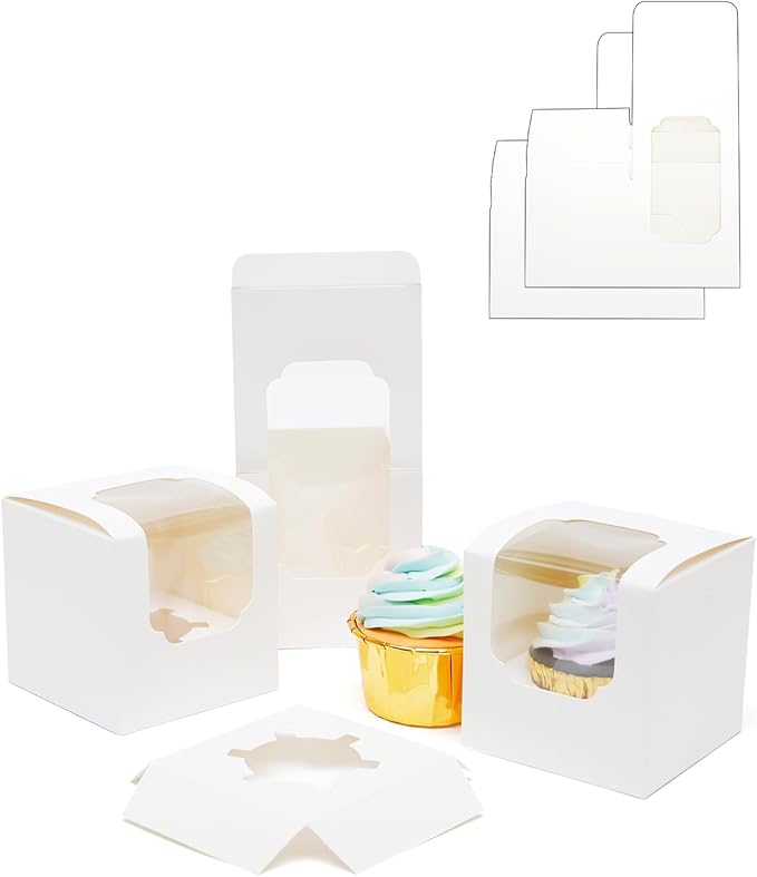 Bakepacker Auto-pop up Cupcake Boxes 30-Packs Individual Cupcake Container White 3.5" x 3.5" x 3.5" Single Cupcake Boxes