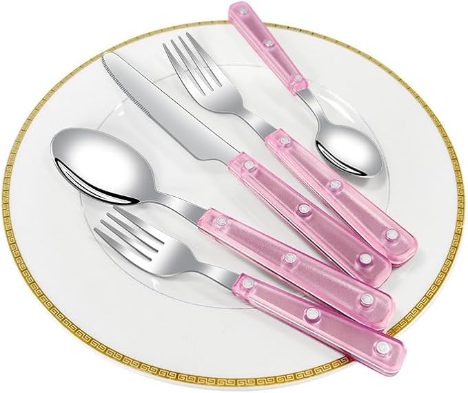 Silverware Set, 20 Piece Stainless Steel Cutlery set,Set for 4 People,Includes Knife, Fork, Spoon, Dessert Spoon and Dessert Fork, with Elegant Frosted Transparent Handles (Pink（20 PC）)