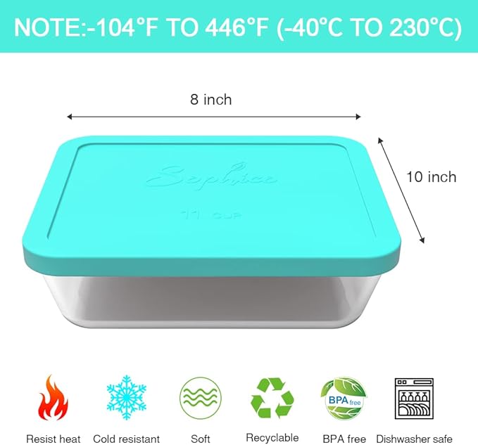 Sophico 11 Cup Rectangle Silicone Storage Cover Lids Replacement for Pyrex 7212-PC Glass Bowls, Container not Included (MINT- 2PACK)