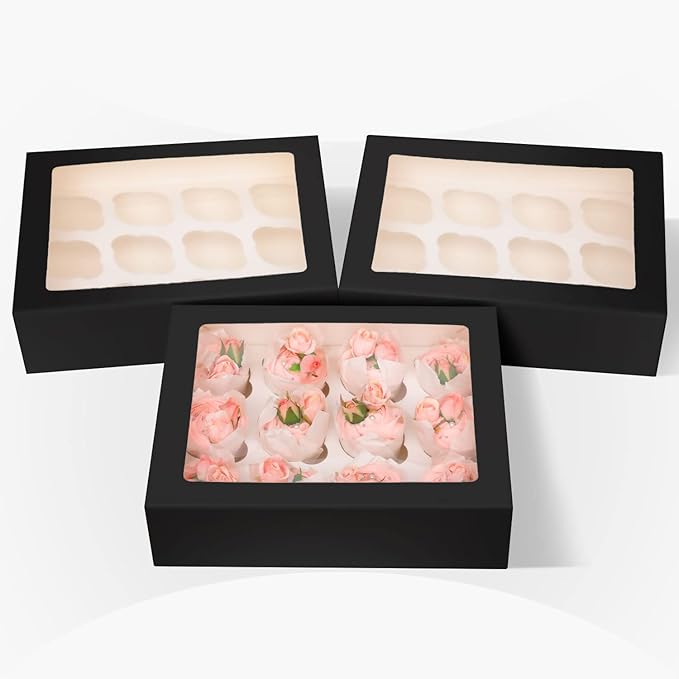 Bakepacker Auto-pop up 12 Cupcake Containers 6-Packs Black Cupcakes Carrier, 12 Cupcake Boxes with Window 13"x10"x3.5"