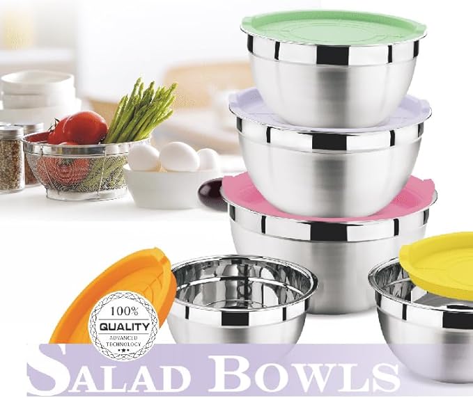 Mixing Bowls with Lids Set - 5 PCS Stainless Steel Mixing Bowls - Mixing Bowl Set with Lids for Kitchen, Size 4.4, 3.6, 2.7, 2.1,1.5QT, Ideal for Baking, Prepping, Cooking and Serving Food