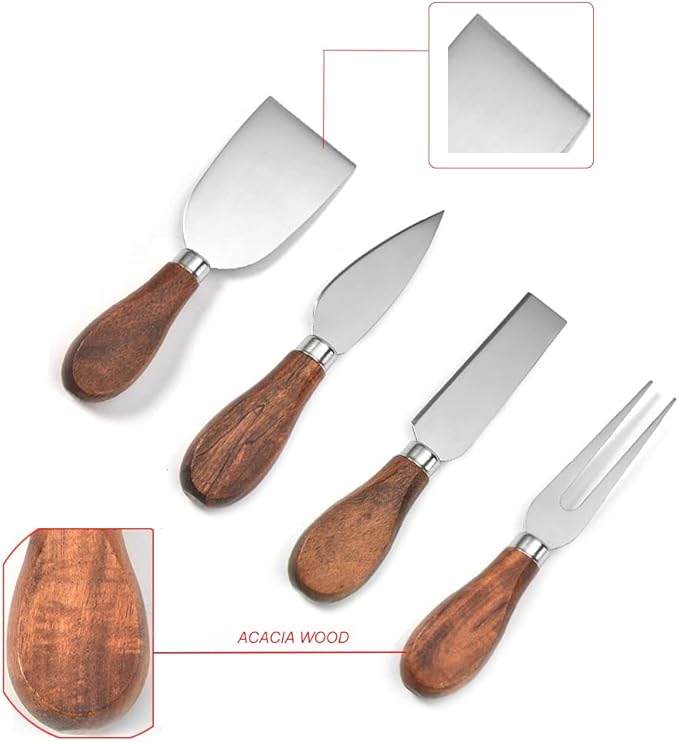 Exquisite 4-Piece Cheese Knives Set,Complete Stainless Steel Cheese Knife Collection(Acacia Wood Handle),Gift-Ready