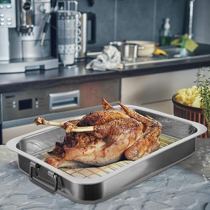Roasting Pan Stainless steel Roasting pan Turkey Roasting pan with grill Rectangular grill suitable for Turkey, roast chicken and ham (16.5x12.6x2.6inch)