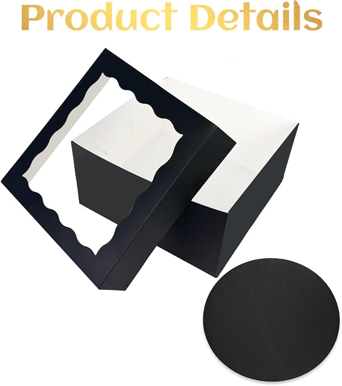 qiqee Black 12x12x8 Cake Box, 4 Sets Black Cake Box with Window ＆ 4 Sets 12" Black Cake Round Boards, 12inch Cake Containers