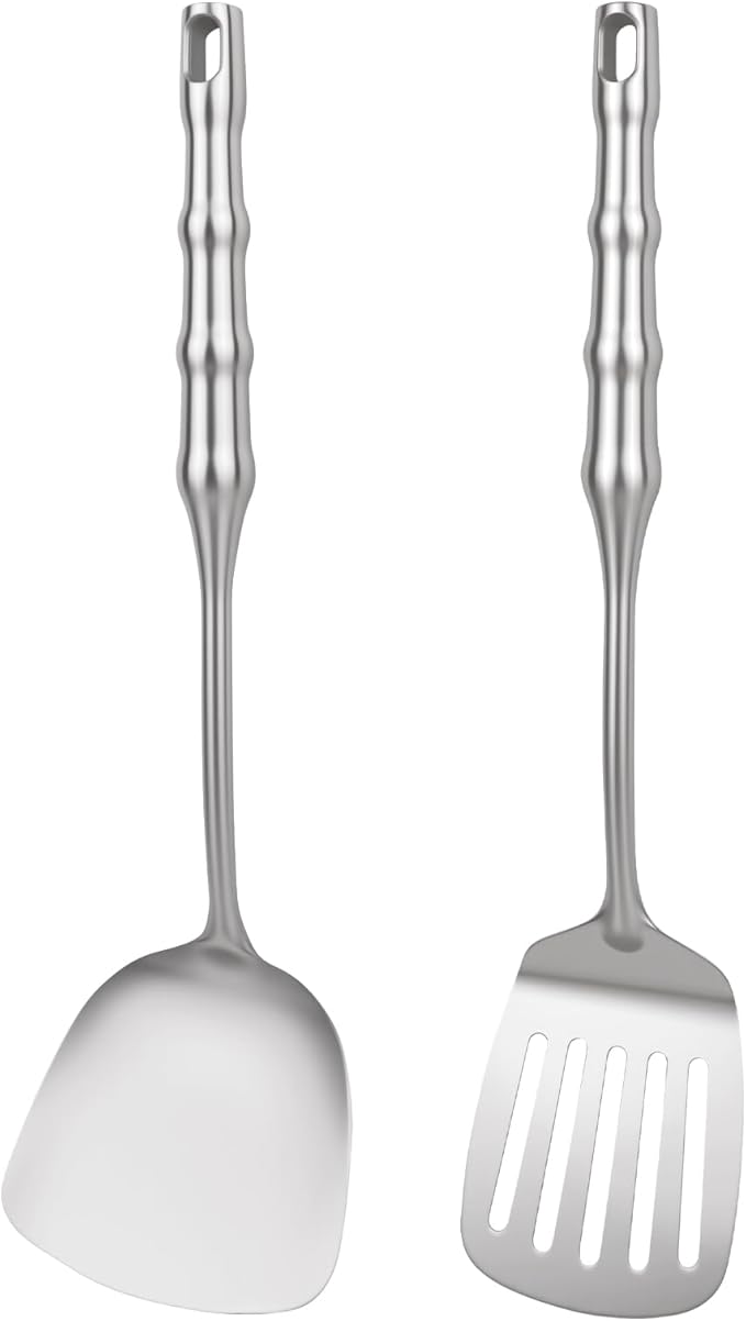 Stainless Steel Cooking Utensils Set Kitchen Tools Set, 2pcs Metal Utensils for Cooking, 14 inch Long Wok Utensils Set