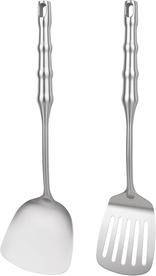 Stainless Steel Cooking Utensils Set Kitchen Tools Set, 2pcs Metal Utensils for Cooking, 14 inch Long Wok Utensils Set