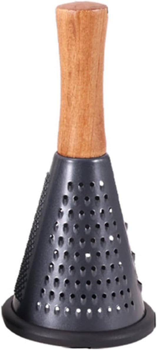 Cone Cheese Grater with Handle Stainless Steel Grater Triple Function Wood Handle Shredder Non-Slip Rubber Bottom Hand Held Multifunction Vegetables Grater Black 4-Size (Size S: 7.7" X 3.5" Black)