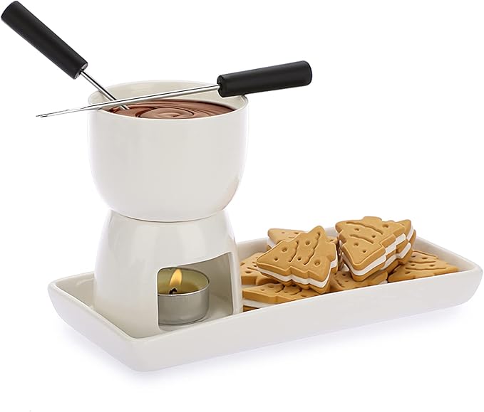 150ML Ceramic Butter Warmer Set with Ceramic Rectangle Dish, Mini Fondue Pot Melting Pot Set, Melt Hot Pot Bowl Set For Cheese Chocolate Butter Caramel, with 2 Forks