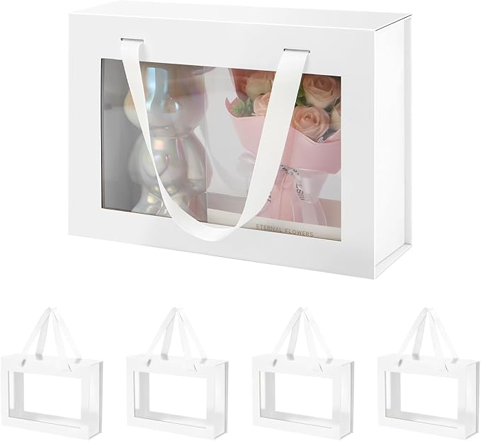 5 White Gift Boxes with Windows, Gift Boxes with Lids and Handles, Clear Magnetic Gift Boxes for Presents, Bridesmaid Proposal Boxes (10.5x7.5x3 Inches