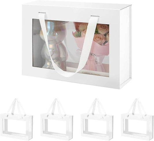 5 White Gift Boxes with Windows, Gift Boxes with Lids and Handles, Clear Magnetic Gift Boxes for Presents, Bridesmaid Proposal Boxes (10.5x7.5x3 Inches