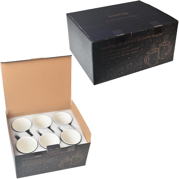homEdge Porcelain Mug Set, 16 Ounces Cup for Tea, Latte, Mocha, Hot Chocolate, Set of 6, Black