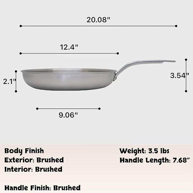 12-Inch 5-Ply Stainless Steel Frying Pan, Chef's Skillet, Induction Ready, Stay-Cool Handle Design