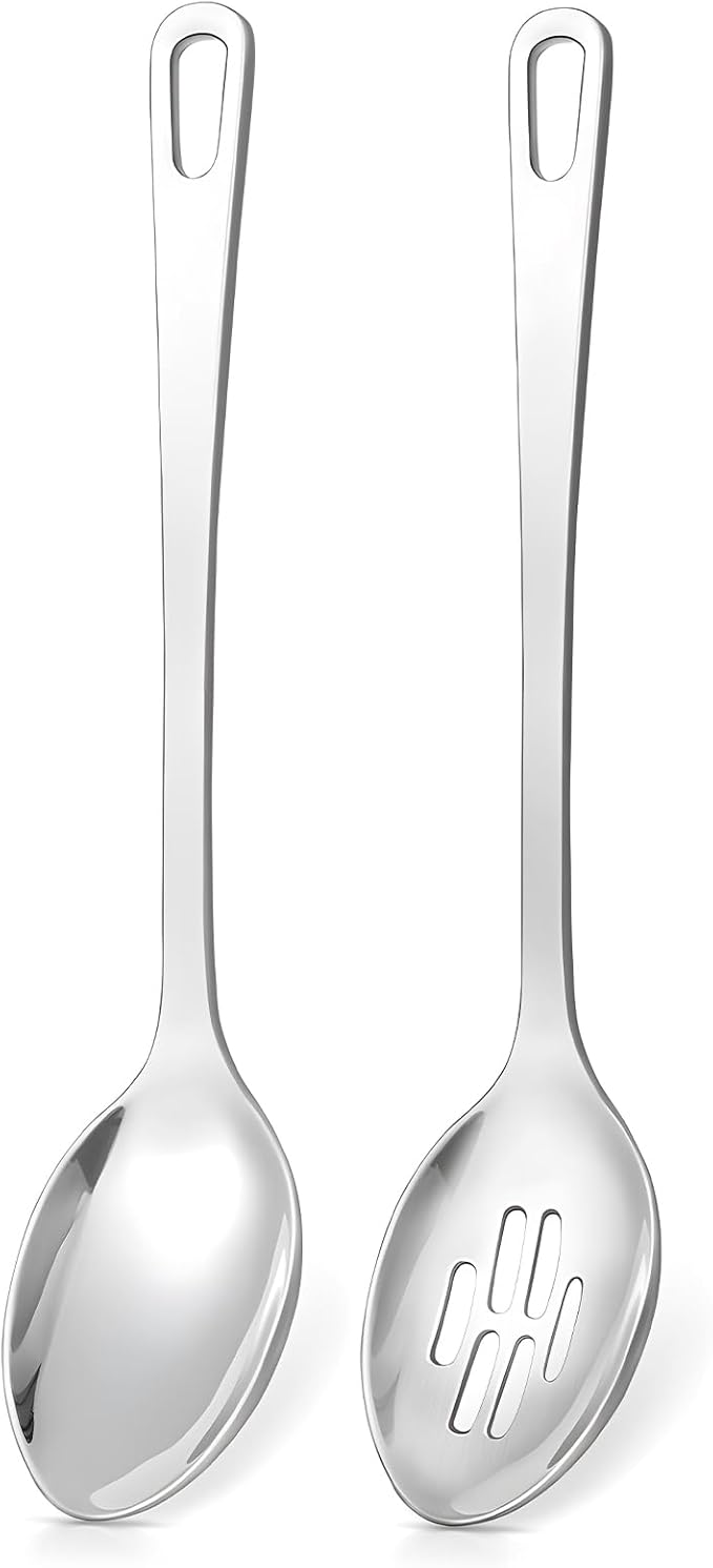 2 Pcs Spoons Cooking Utensils Set, Stainless Steel Kitchen Utensils, Heat Resistant Metal Kitchen Tools Include Solid & Slotted Serving Spoon, Ergonomic Handle, Dishwasher Safe, Easy to Clean, Silver
