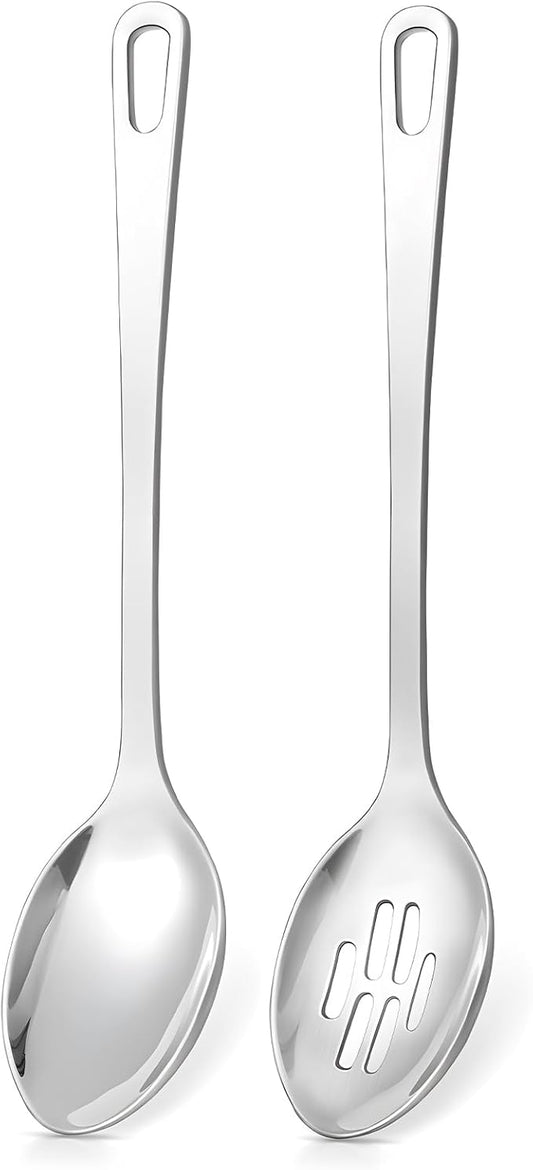 2 Pcs Spoons Cooking Utensils Set, Stainless Steel Kitchen Utensils, Heat Resistant Metal Kitchen Tools Include Solid & Slotted Serving Spoon, Ergonomic Handle, Dishwasher Safe, Easy to Clean, Silver